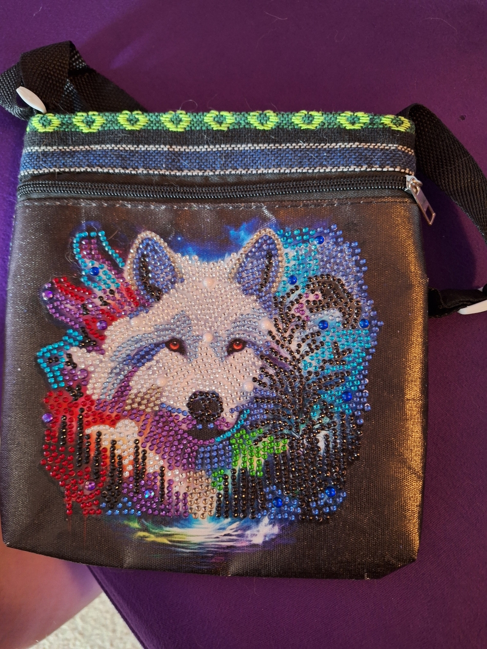 Crystal-Embellished Rainbow Wolf Crossbody Bag - Black